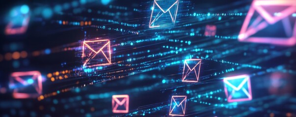 Fototapete - Digital Email Flow, Network Data Stream, Cyber Communication