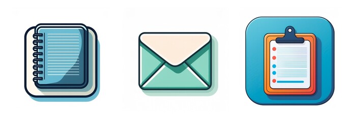 Poster - Icons of a notebook, envelope, and clipboard represent organization, communication, and task management in a clean, digital style.