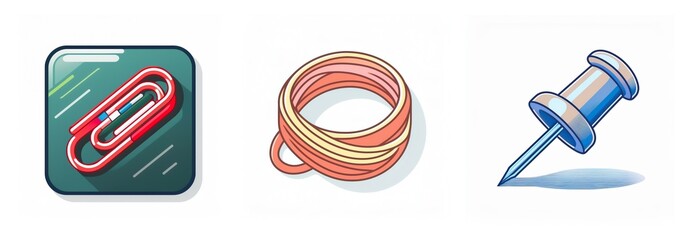 Poster - Three stationery items depicted: a red paperclip on a green square, an orange rubber band and a blue push pin. Useful for office and organization tasks.