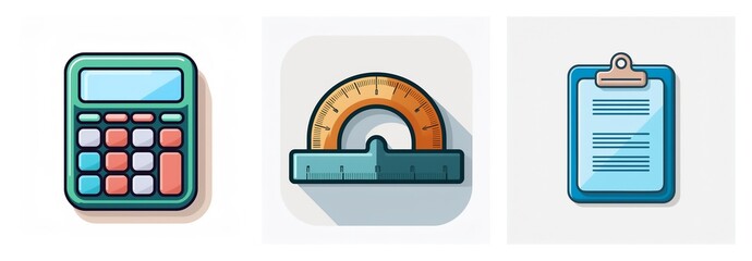 Poster - Three icons illustrate essential tools for academic or office tasks: a calculator for computation, a protractor ruler for geometry, and a clipboard for documents.