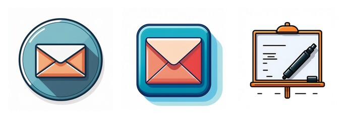 Aufkleber - Three icons depict digital communication: two stylized mail icons in circular and square shapes, and a whiteboard for presentations or notes.