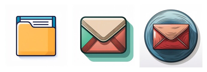 Aufkleber - Three icons depict digital communication and file management. A yellow folder represents files, while two envelopes in different styles signify messages or emails.