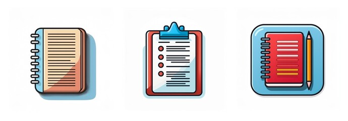 Poster - Three icons illustrate note-taking and organization: a spiral notebook, a clipboard with checklist, and notebook with pencil, all in a cartoonish flat design.