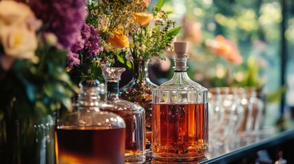 Wall Mural - Elegant arrangement of whiskey bottles and glasses in natural light