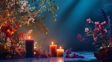 Wall Mural - Lit candles surrounded by flowers in a cozy nighttime scene