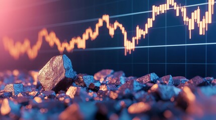 Poster - A digital graph showing rising trends is juxtaposed with dark stones, symbolizing the connection between mining and financial markets.