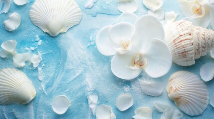 Wall Mural - Seashells and flowers on blue textured surface with natural vibe