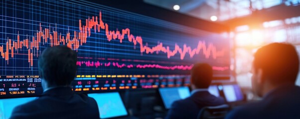 Poster - Two professionals analyze stock market data on large screens, showcasing graphs and trends in a modern trading environment.