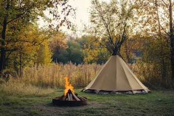 Poster - Cozy camping scene with a teepee tent and vibrant autumn foliage near a warm campfire. Generative AI