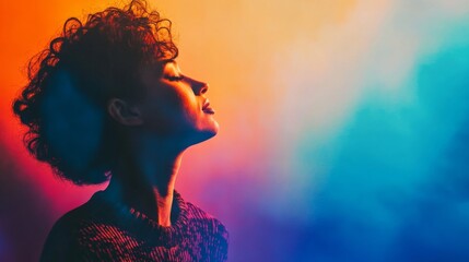 Colorful portrait of a woman in vibrant gradient lighting