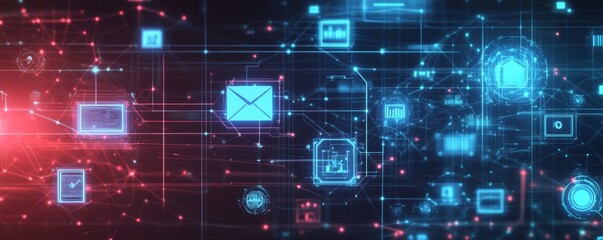 Fototapete - Digital Network Data flow, cyber security, global network, red & blue hues, website background
