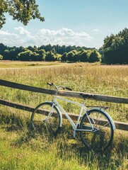Aufkleber - Bicycle resting against wooden fence in a sunny meadow surrounded by trees in a rural area during daylight. Generative AI