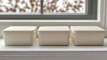 Poster - three elegant, neutral-toned boxes arranged on a windowsill, offering a sense of understated sophistication. The boxes' clean lines and minimalist design suggest organization and order.