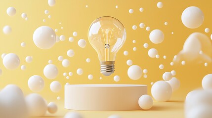 Aufkleber - Illuminated bulb on pedestal, spheres background, idea concept, 3D render