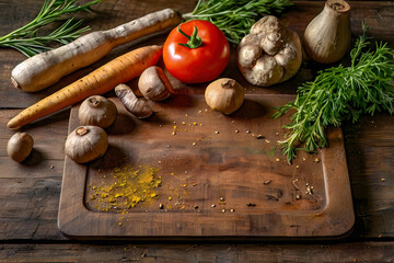 Wood cutting board with surround of food ingredient herb, spice, vegetable and organic raw material around as a frame on the wooden desk table in kitchen indoor room equipment in top view photography