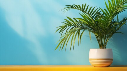 Canvas Print - Minimalist interior with potted plant against a blue and yellow wall