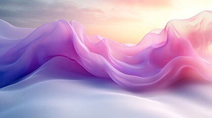 Wall Mural - Ethereal pastel waves of fabric undulate against a serene sunset backdrop, creating a tranquil scene