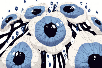 Aufkleber - surreal illustration of multiple blue eyes with black pupils and white sclera, connected by dark stems, set against white background. image evokes sense of curiosity and wonder