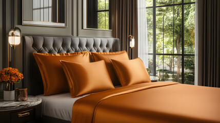 Aufkleber - A modern bedroom with an elegant orange bedding set, complemented by a stylish headboard and large windows allowing natural light
