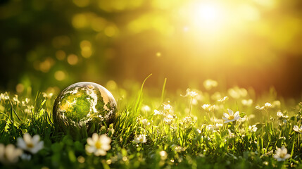 Poster - A serene scene featuring a reflective globe resting on vibrant green grass, surrounded by delicate white flowers under warm sunlight