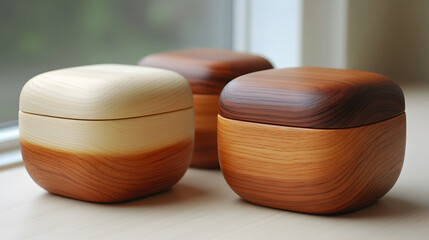 Poster - Three elegant wooden containers with smooth, rounded shapes and varying hues, displayed near a window