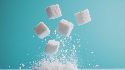 Wall Mural - Floating sugar cubes against a pastel blue background