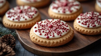 Wall Mural - Festively decorated cookies with intricate red icing designs on a wooden platter, surrounded by pinecones