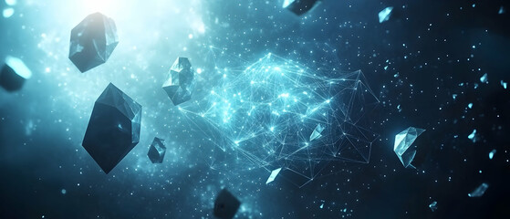 Poster - blue background with glowing connections and dark geometric