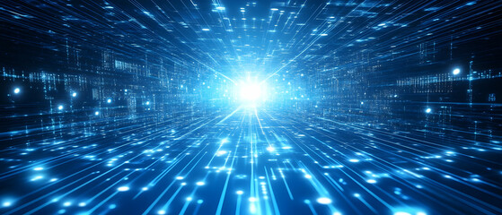 Poster - blue background with glowing connections and dark geometric
