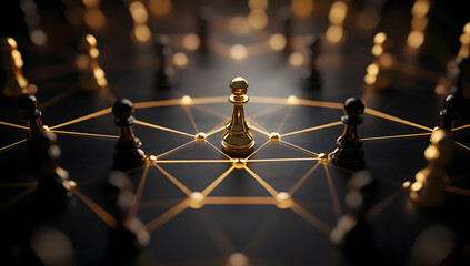 Poster - network of interconnected pawns on the chessboard, each connected by glowing lines