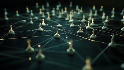 Poster - network of interconnected pawns on the chessboard, each connected by glowing lines