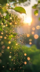 Poster - Dew drops hanging on spider web with sunlight reflecting at dawn