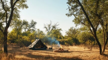 Poster - Relaxing camping setup with a tent and campfire in a serene natural setting during daylight hours. Generative AI
