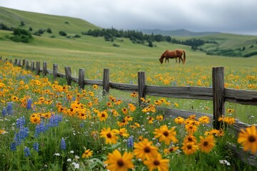 Wall Mural - horse grazing in a field of wildflowers next to a wooden fence