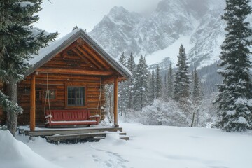 Wall Mural - Wooden cabin covered in snow during snowfall in mountain valley