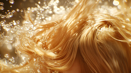 Poster - A close-up of flowing, golden hair submerged in sparkling water, capturing the beauty and movement of hair in an aquatic environment