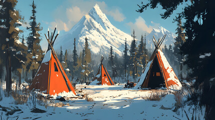 Poster - A serene winter scene featuring orange tipis surrounded by snow-covered trees and a majestic mountain backdrop