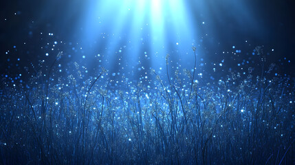 Poster - A tranquil underwater scene with soft blue light filtering through water, illuminating floating particles and aquatic vegetation