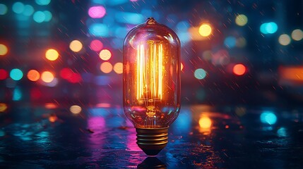 Aufkleber - Illuminated vintage bulb, rainy city night, bokeh background, idea concept
