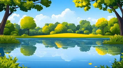 Poster - A vibrant, serene landscape featuring a calm lake, lush greenery, and a clear blue sky, reflecting the beauty of nature