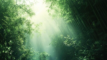 Wall Mural - Sunbeams filtering through lush bamboo forest canopy