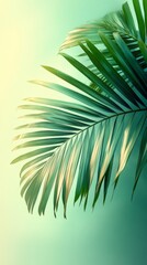 Tropical palm leaf gently swaying in soft green light