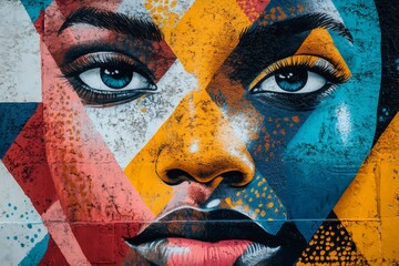 Aufkleber - Colorful street art mural depicting a woman's face with expressive eyes