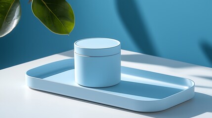 Aufkleber - Light blue container on tray, studio shot, plant shadow, product display
