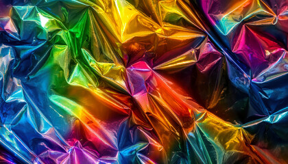 Poster - Crinkled Holographic Cellophane Reflecting a Spectrum of Vibrant Rainbow Colors