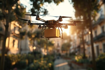 Poster - Modern drone delivering package flying on blurred city background at sunset