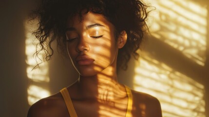 Poster - A fit woman enjoys the gentle embrace of sunlight streaming through a window, casting striking shadows on her serene face. She embodies peace and natural beauty in this serene moment
