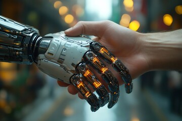 Poster - Human and robot shaking hands in technological city