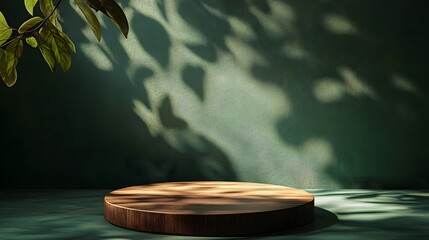 Wall Mural - wooden round display platform with green background and leaf sha