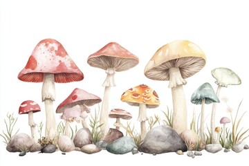 Poster - Watercolor autumn mushrooms rocks grass border design